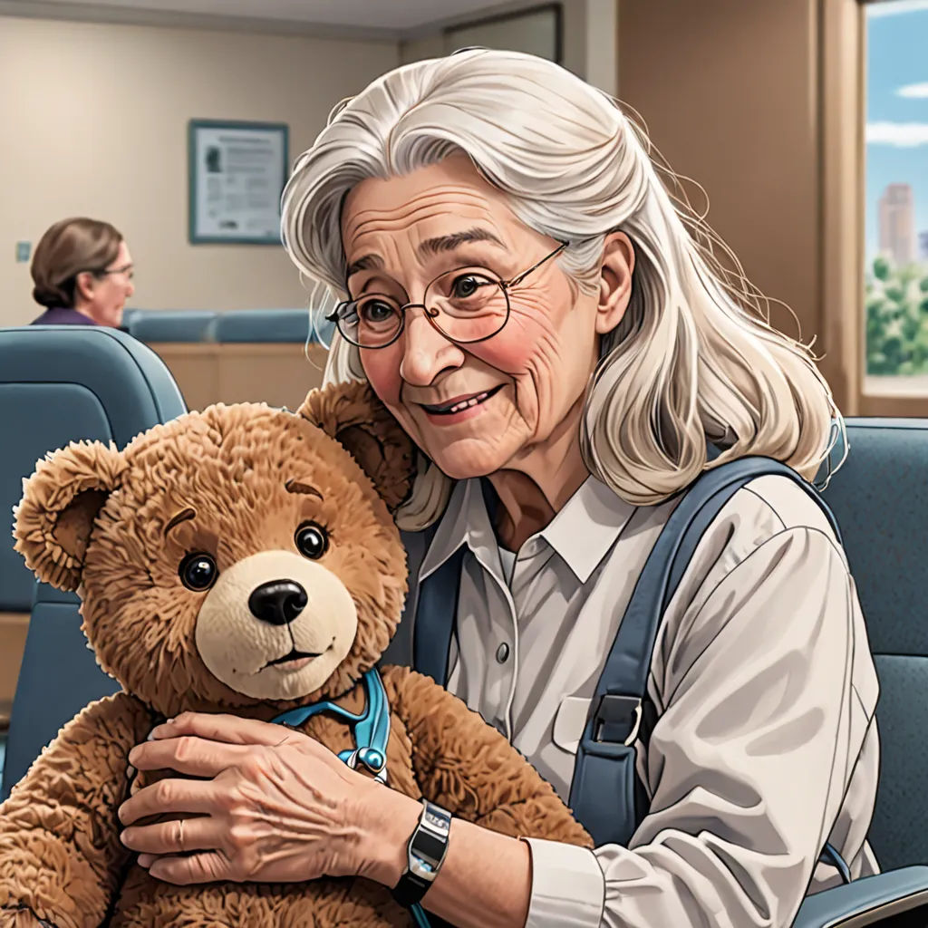 a woman holding a teddy bear in a hospital room with other people in the background and a painting of a woman holding a teddy, american scene painting, a character portrait, Barbara Nasmyth, highly detailed digital painting