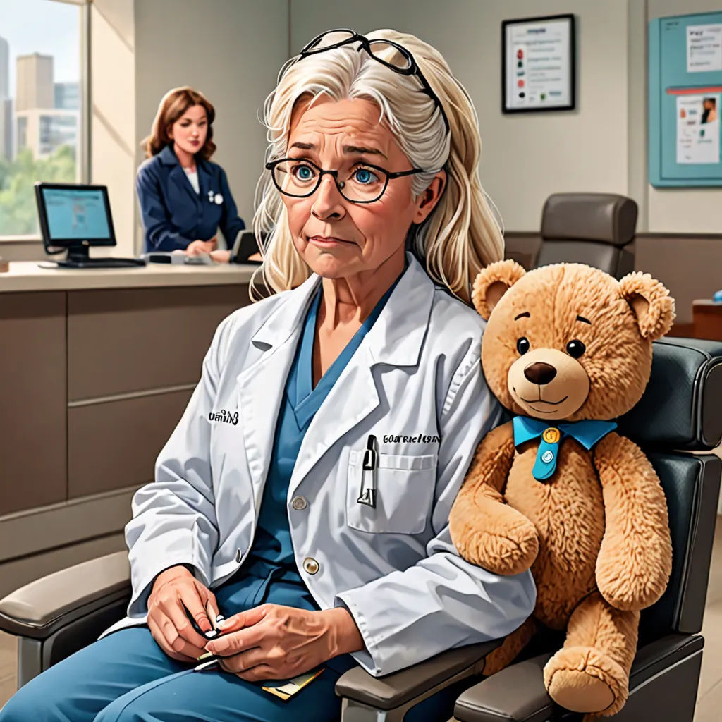 a woman in a white lab coat sitting in a chair with a teddy bear in front of her and a woman in the background, american realism, a character portrait, Carol Sutton, promotional image