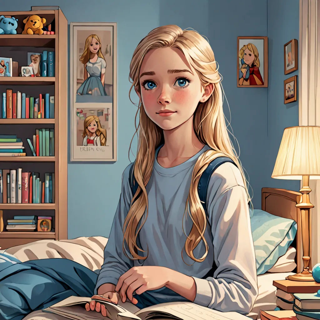 a girl sitting on a bed reading a book in a bedroom with a bookcase and a lamp on the side, fantasy art, a storybook illustration, Artgerm, storybook illustration