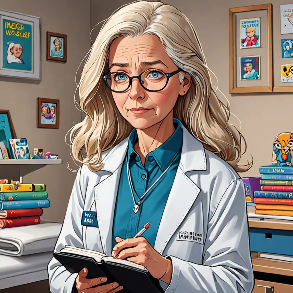 a cartoon of a doctor holding a clipboard in her hands and looking at the camera with a smile, remodernism, a character portrait, Doc Hammer, character portrait