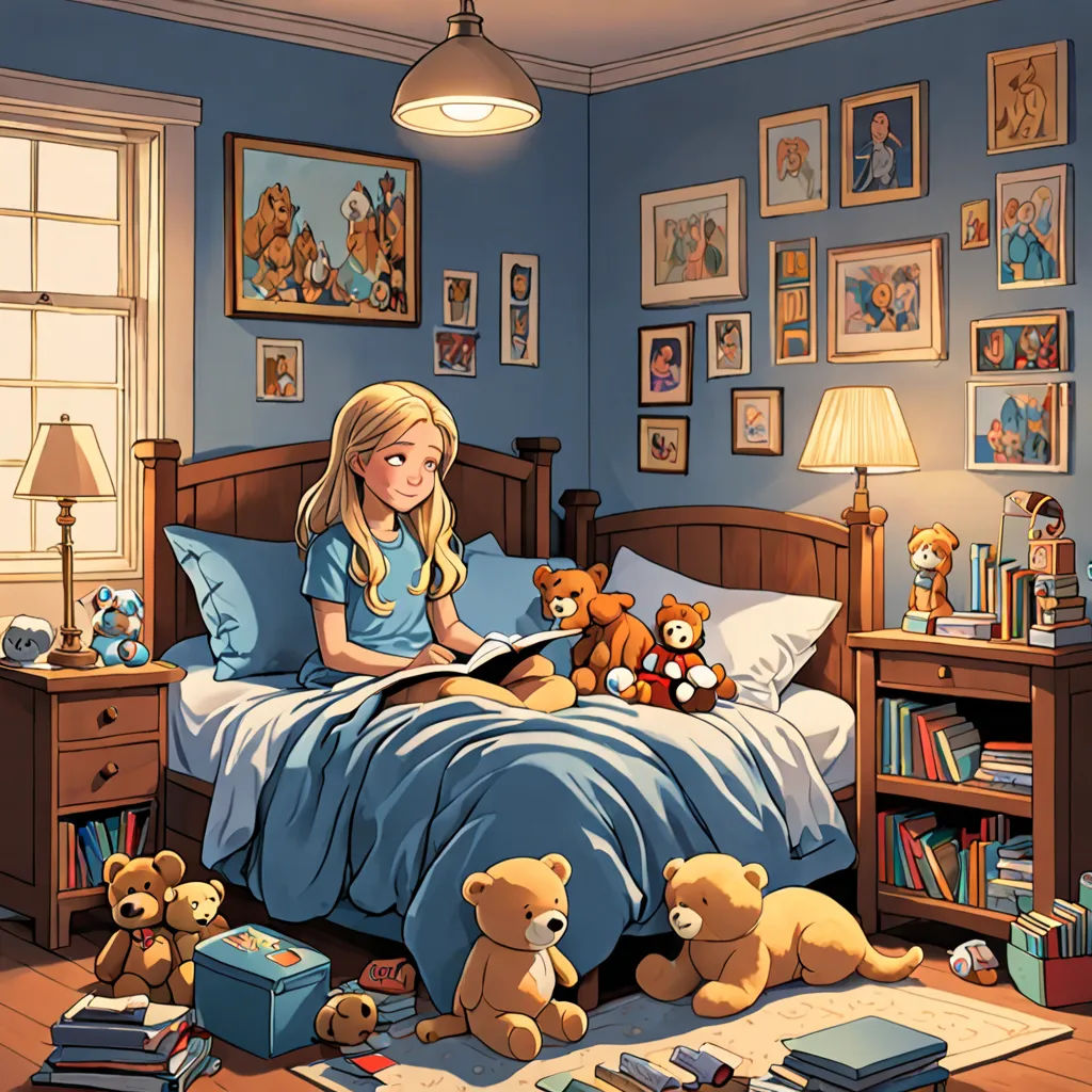 a girl reading a book in her bed with teddy bears around her and a teddy bear on the floor, visual art, a storybook illustration, Cliff Childs, storybook illustration