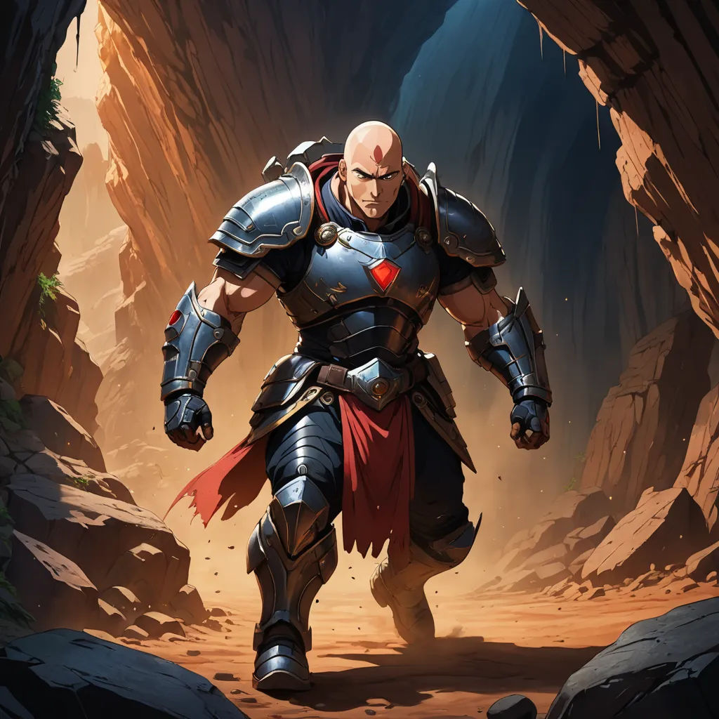 a man in armor is walking through a cave with a heart on his chest and a sword in his hand, altermodern, concept art, Clint Cearley, magic the gathering artwork