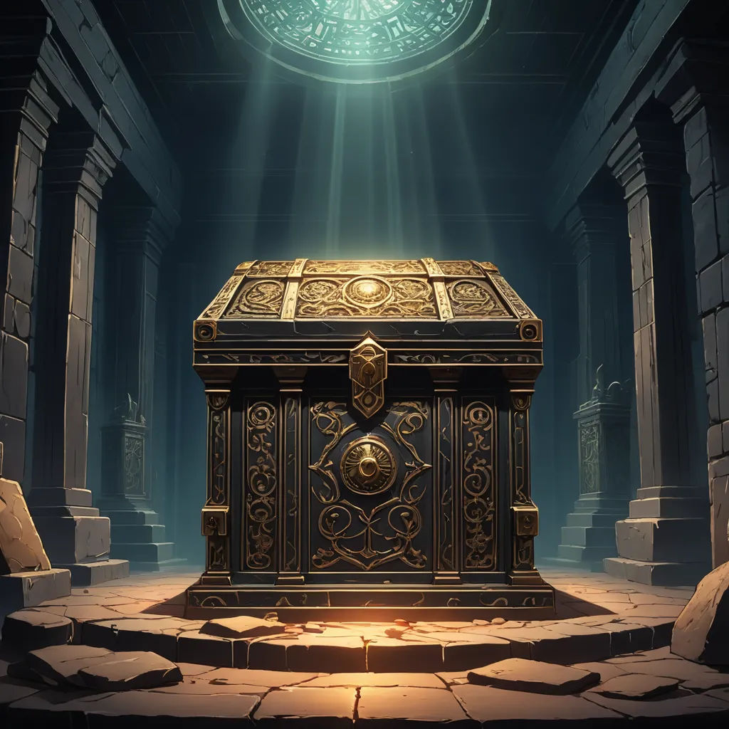a large gold chest in a dark room with a light coming from it's top and a clock above it, fantasy art, a detailed painting, Christophe Vacher, league of legends concept art
