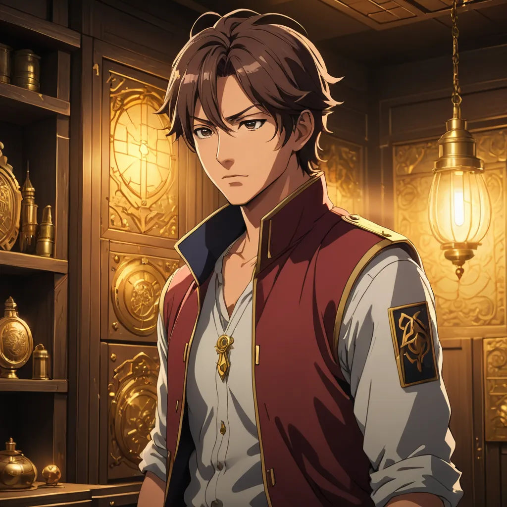 a man in a red vest standing in front of a shelf with gold decorations on it and a light hanging from the ceiling, sots art, a character portrait, Cedric Seaut (Keos Masons), official art