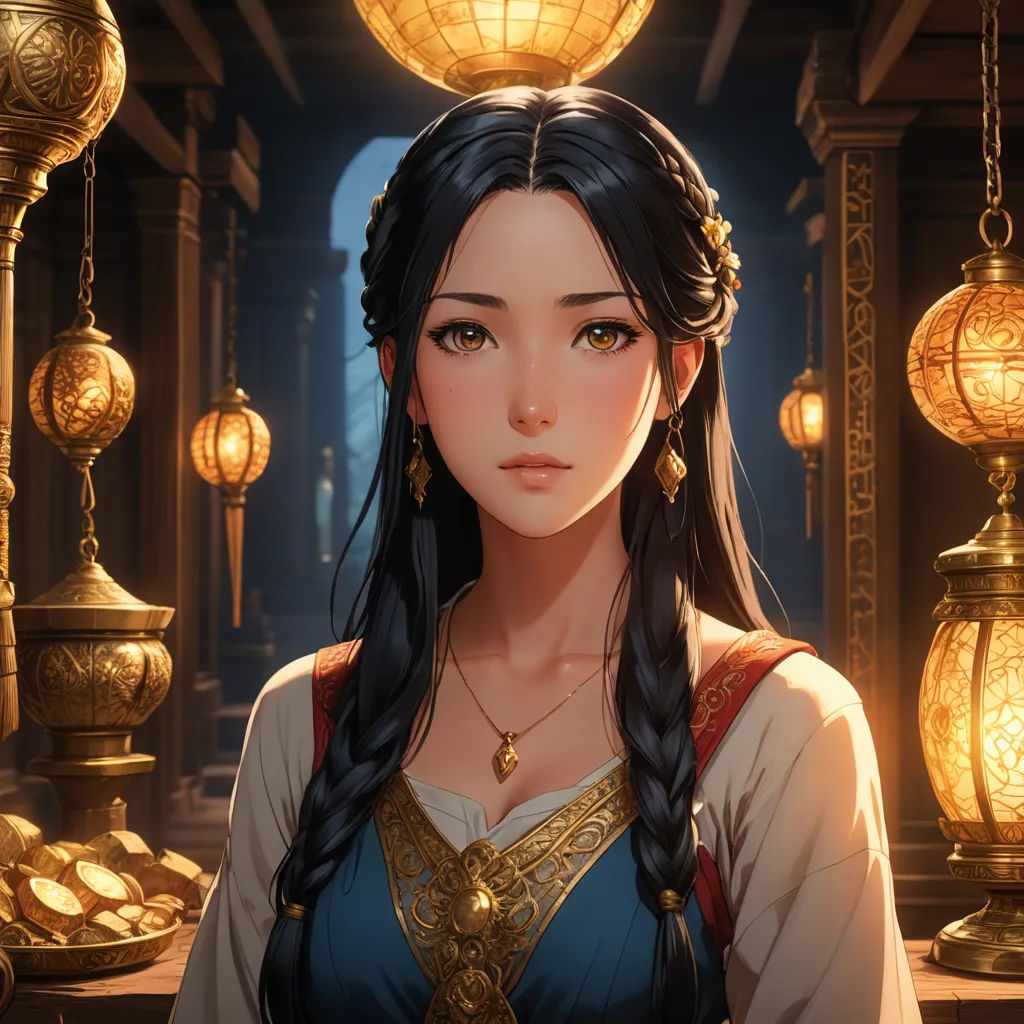 a woman in a blue dress standing in a room with lamps and lanterns on the ceiling and a lamp on the wall, fantasy art, a detailed painting, Chen Hong, rossdraws global illumination