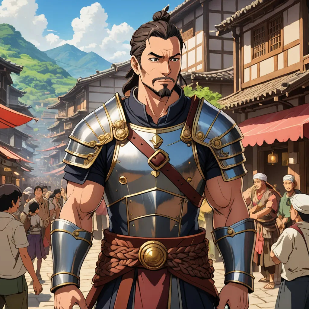 a man in a roman armor standing in front of a crowd of people in a village with a mountain in the background, fantasy art, a character portrait, Du Jin, official art