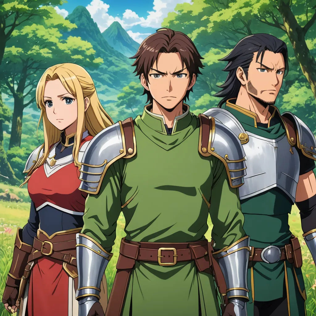 a group of people standing next to each other in a forest with trees and grass in the background and a mountain in the background, sots art, concept art, Ada Gladys Killins, official art