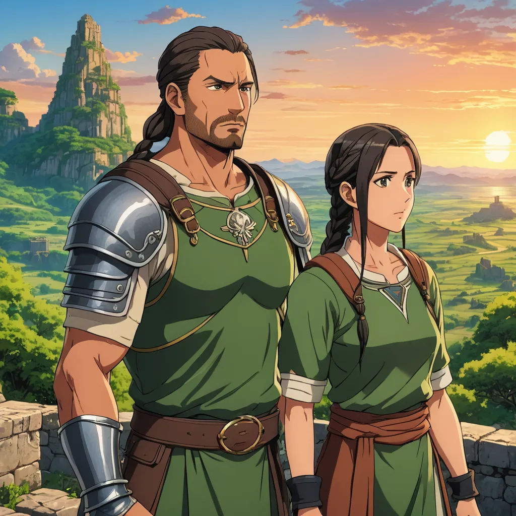 a man and woman in roman dress standing next to each other in front of a sunset and a castle, sots art, concept art, Ada Gladys Killins, official art