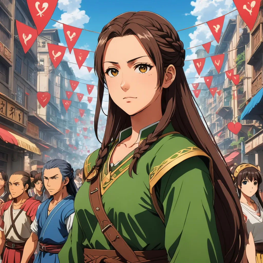 a woman in a green dress standing in front of a crowd of people in a city with bunting flags, sots art, a character portrait, Chizuko Yoshida, official art
