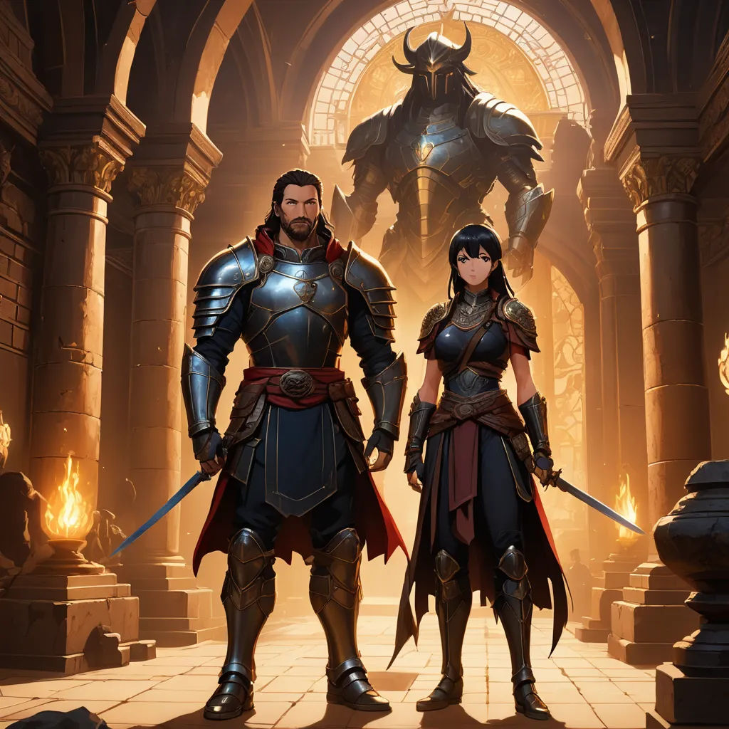 a couple of people standing next to each other in a room with a giant demon in the background and a giant demon in the background, fantasy art, concept art, Andreas Rocha, rossdraws global illumination