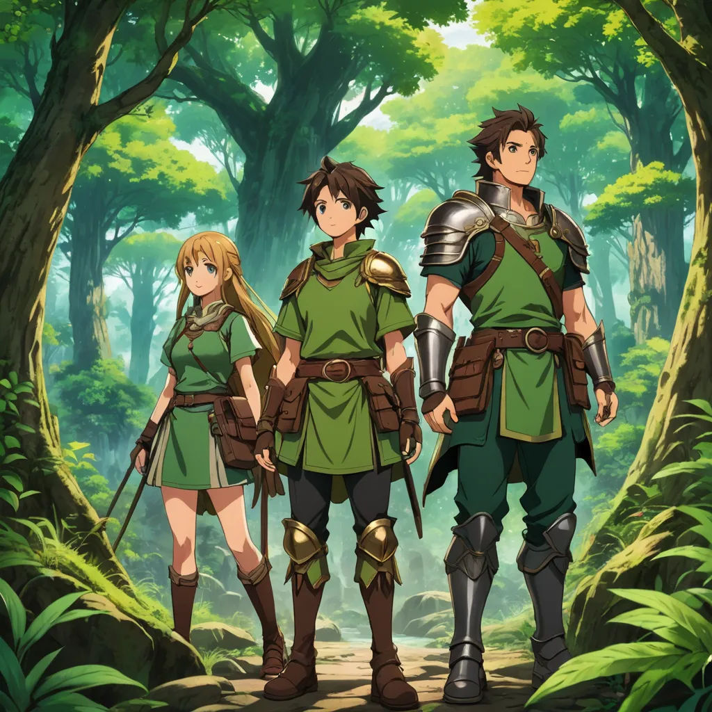 a group of people standing in the woods together in front of trees and bushes, with a forest background, sots art, concept art, Cedric Seaut (Keos Masons), official art