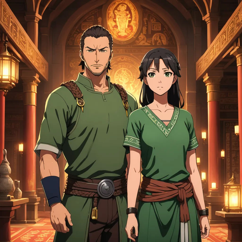 a man and a woman standing in a room with columns and a ceiling with lights on it, and a statue in the background, international gothic, concept art, Ada Gladys Killins, official art