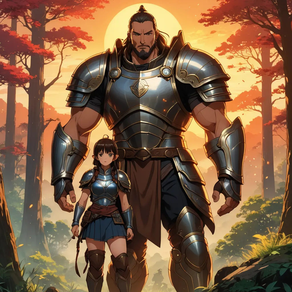 a man and a woman standing in a forest with a giant armor on their shoulders and a giant sword in their hand, fantasy art, concept art, Artgerm, official art