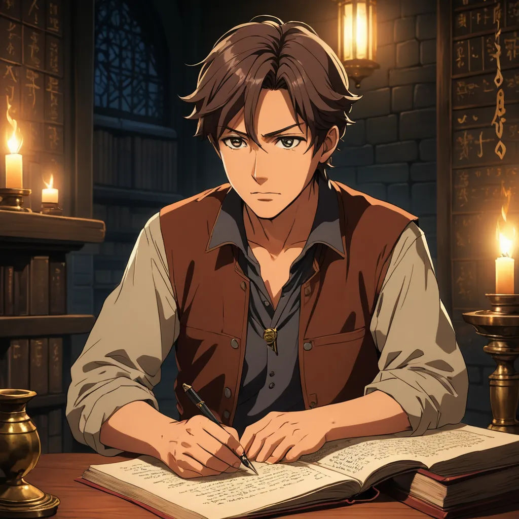 a man sitting at a table with a book and pen in his hand and a candle in the background, sots art, a character portrait, Armin Hansen, official art