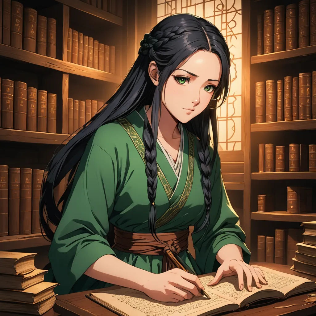 a woman sitting at a desk in front of a book shelf with a pen and paper in her hand, academic art, a character portrait, Chen Lin, character portrait