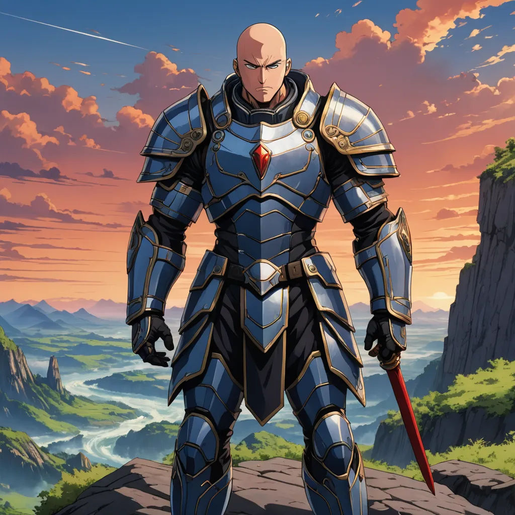 a man in armor standing on a hill with a sword in his hand and a sunset in the background, sots art, a character portrait, Ahmed Yacoubi, rob rey and kentaro miura style