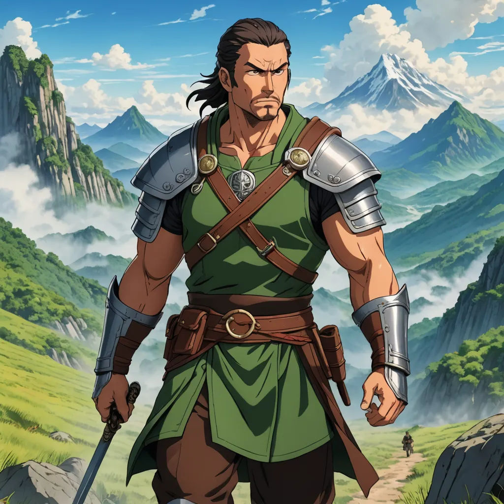 a man in a green outfit holding a sword and a sword in his hand in front of a mountain, fantasy art, a character portrait, Cedric Seaut (Keos Masons), official art