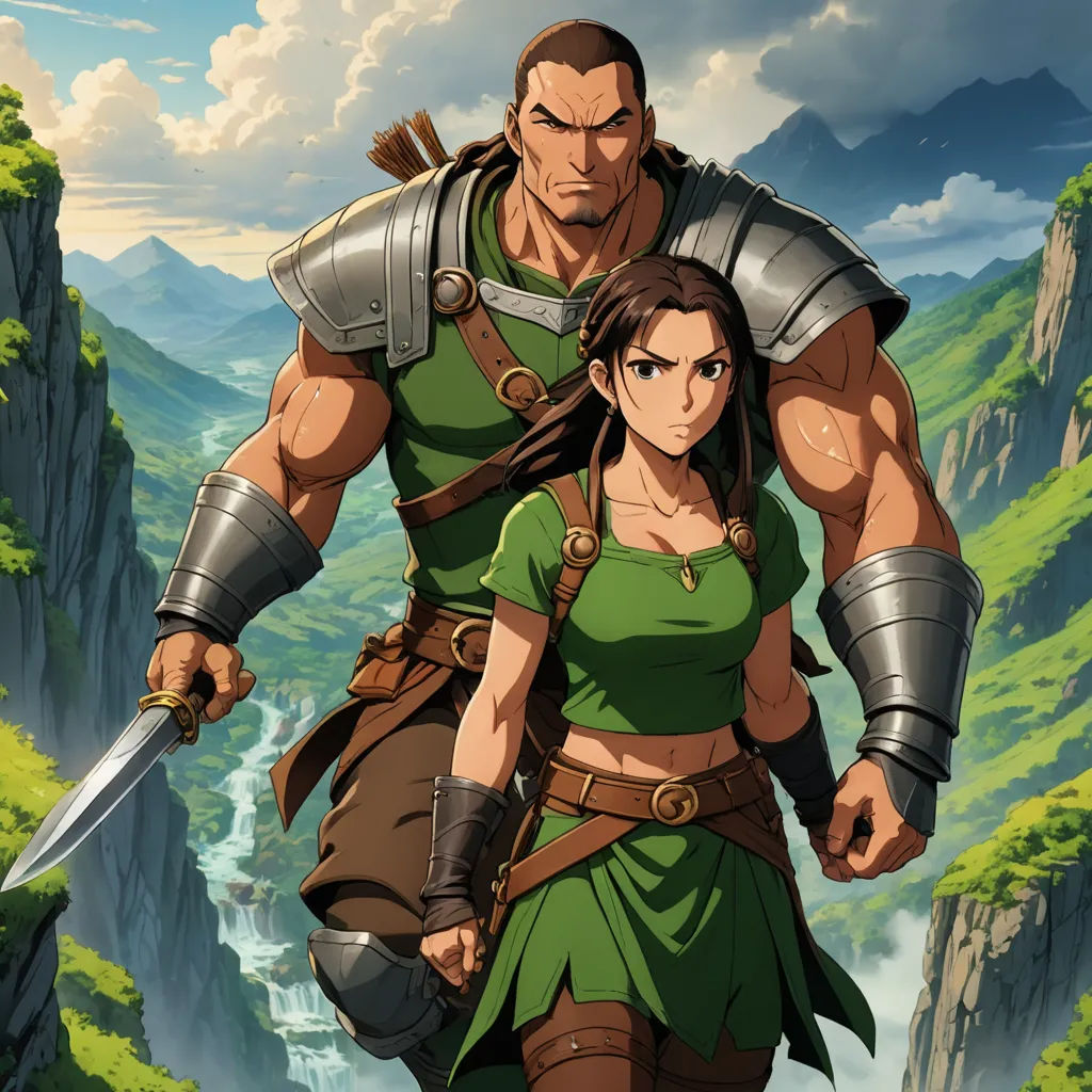 a man and a woman in a cartoon avatar with a sword and a mountain in the background with a stream of water, sots art, concept art, Altoon Sultan, official art