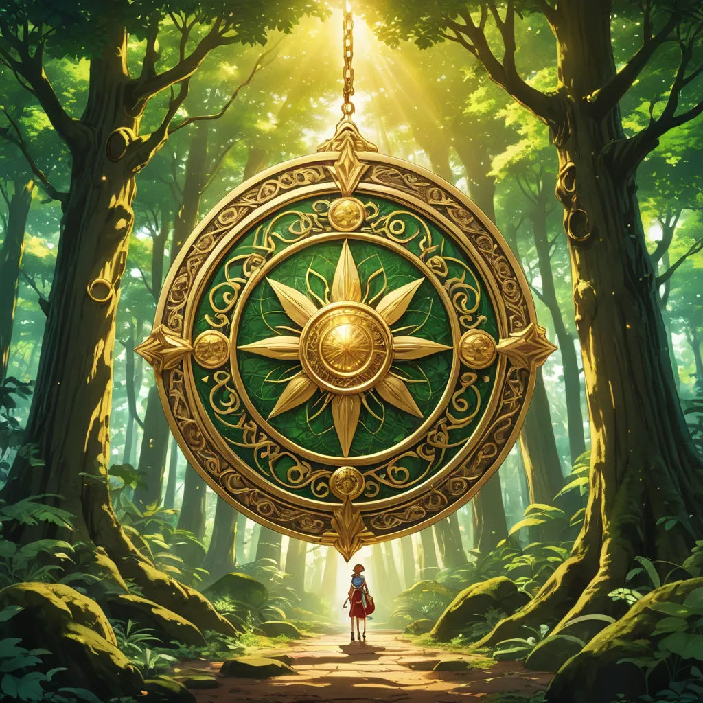 a person standing in a forest under a sun medallion with a star on it's center surrounded by trees, fantasy art, concept art, Akihiko Yoshida, rossdraws global illumination