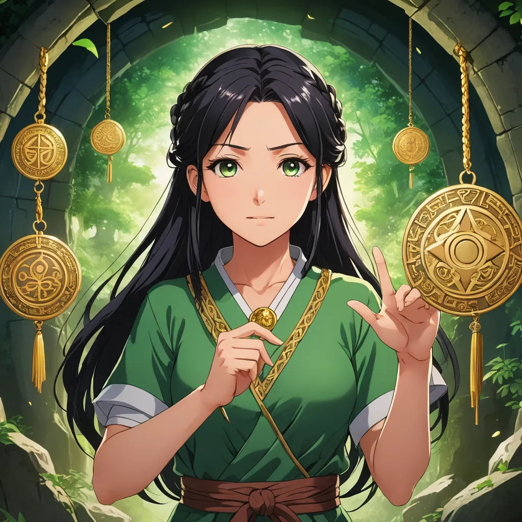 a woman holding a coin in front of a forest with gold coins hanging from her hands and a green background, sots art, a character portrait, Ayako Rokkaku, official art