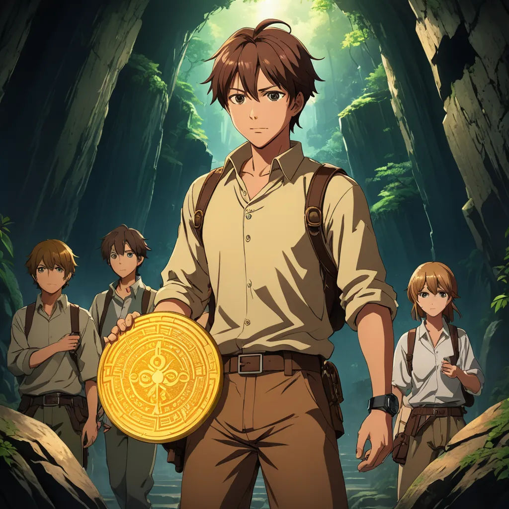 a man holding a gold coin in front of a group of people in a forest with trees and rocks, rayonism, poster art, Aya Goda, official art