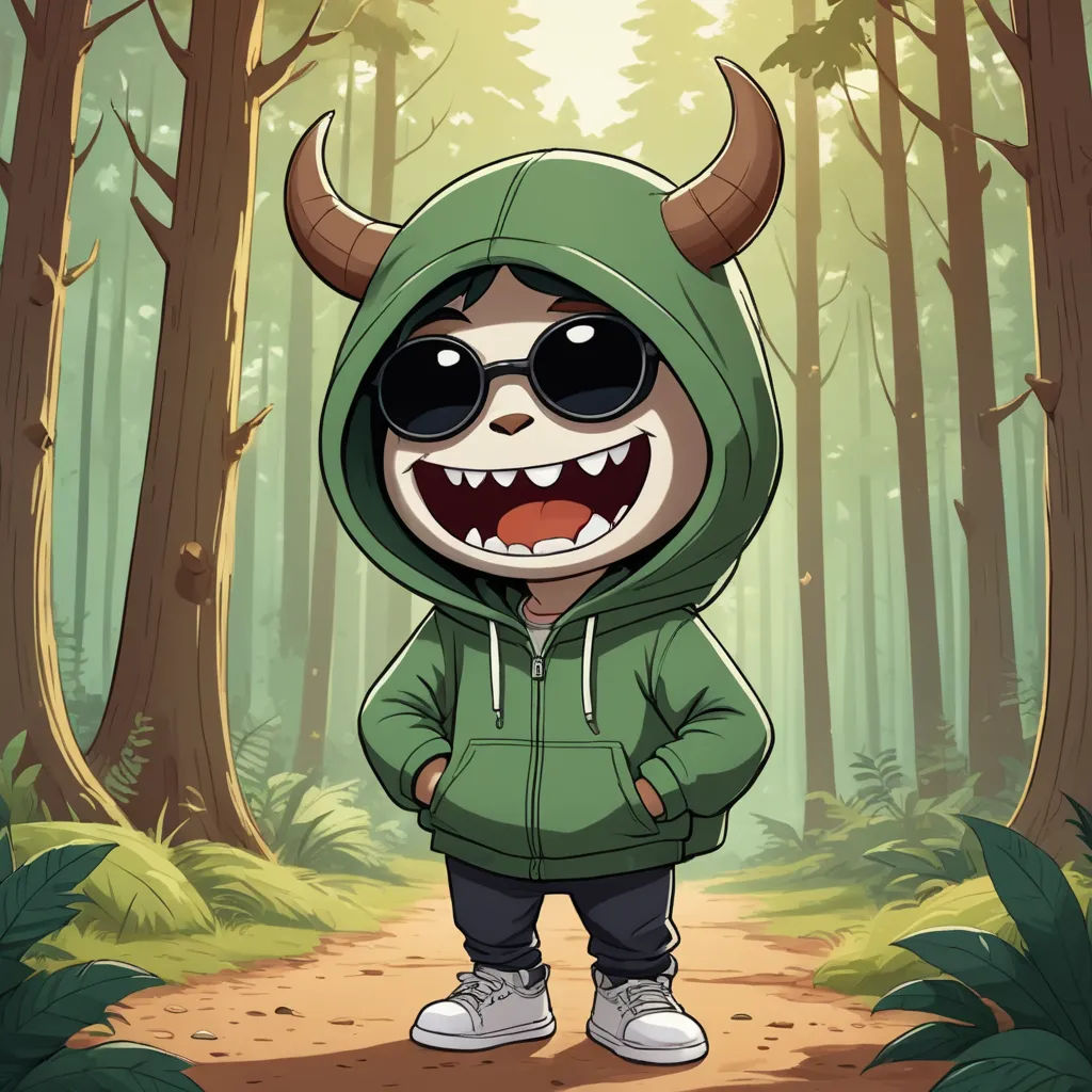 a cartoon character in a green hoodie with a horned face and sunglasses on a path in a forest, sots art, a character portrait, Felix-Kelly, splash art