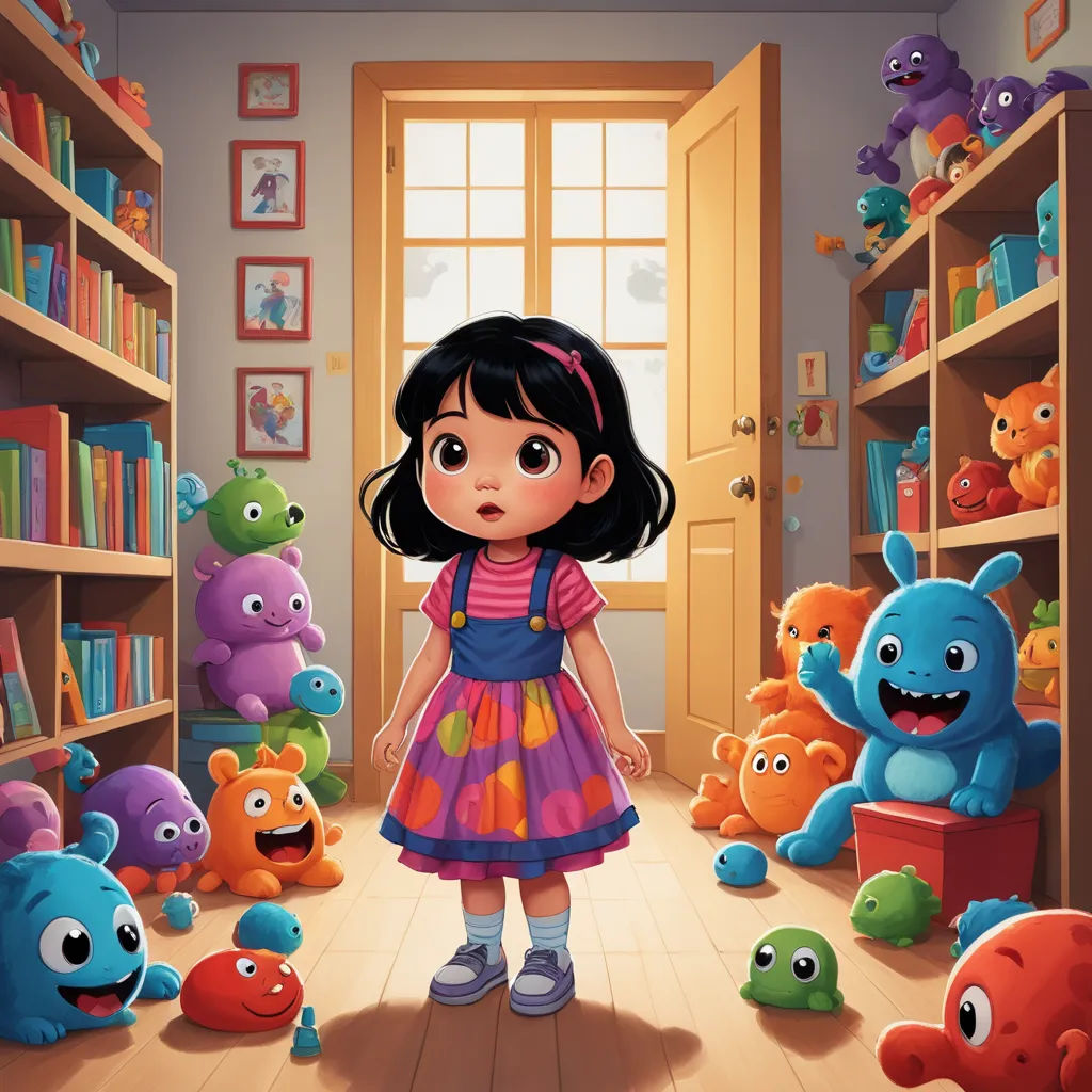 a little girl standing in a room full of stuffed animals and toys in front of a bookcase full of books, sots art, a storybook illustration, Chris LaBrooy, storybook illustration