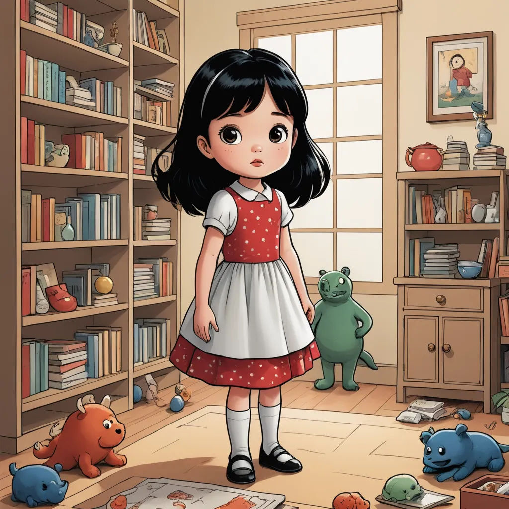 a girl in a room with many toys and bookshelves in it, and a cat on the floor, art & language, a storybook illustration, Clarice Beckett, storybook illustration