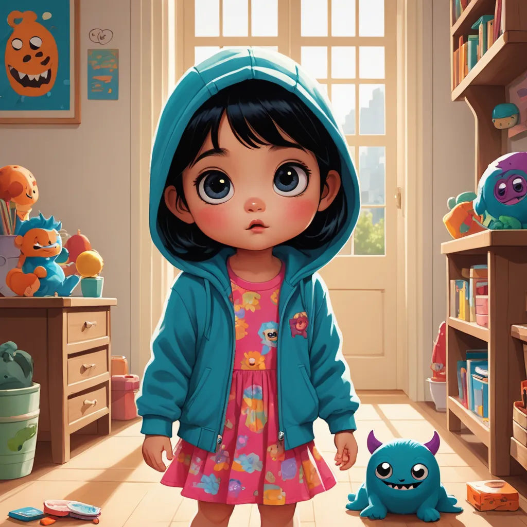 a cartoon girl in a blue jacket standing in a room with a monster toy and a blue stuffed animal, photorealism, a storybook illustration, Eddie Mendoza, pixar style