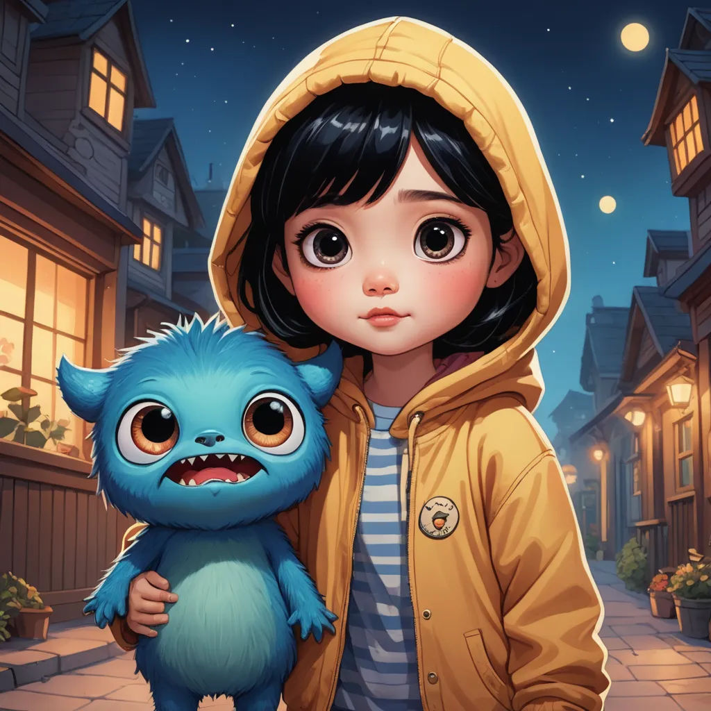 a girl holding a blue stuffed animal in her arms in front of a street at night with a full moon, fantasy art, a storybook illustration, Brom, trending on art station