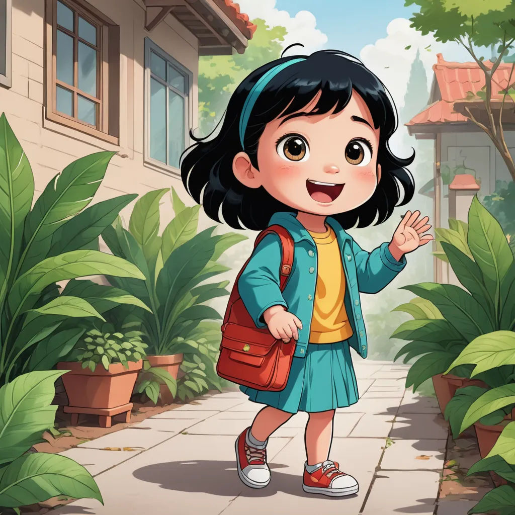a cartoon girl walking down a sidewalk in a garden with a house in the background and a potted plant behind her, paris school, a storybook illustration, Chen Hong, storybook illustration