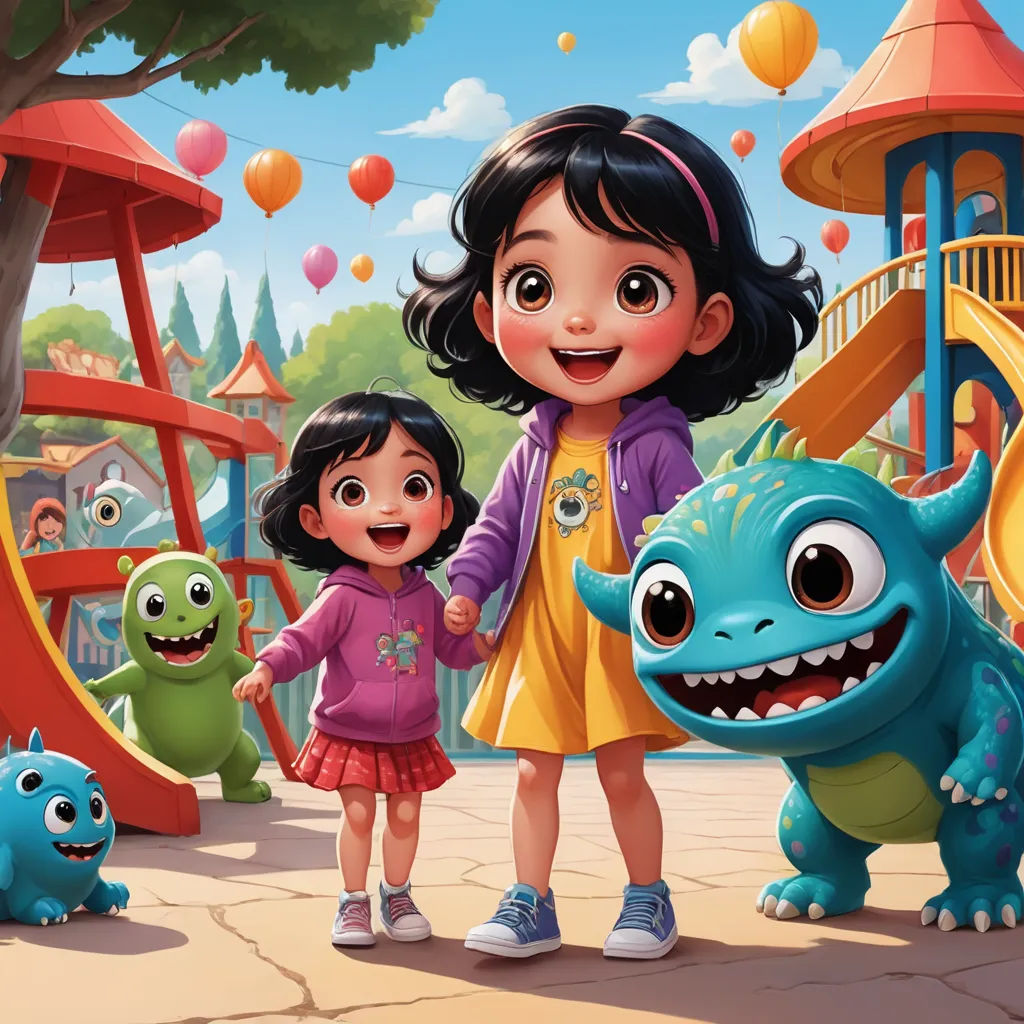 a cartoon of a girl and a girl standing next to a dinosaur in a playground with a playground structure in the background, sots art, a storybook illustration, disney, pixar and disney animation
