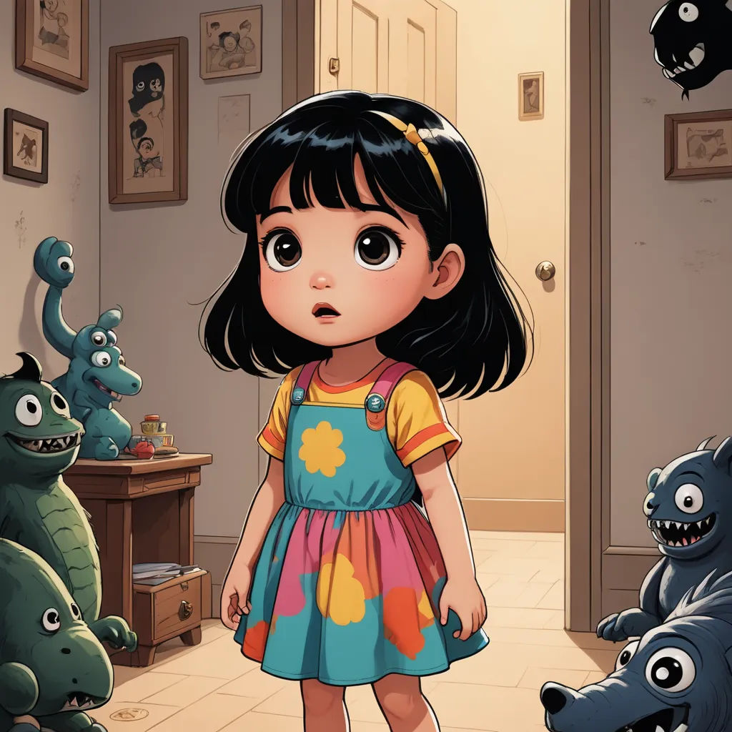 a little girl standing in a room with monsters around her and a door open to a hallway with a door way, serial art, a storybook illustration, Diego Gisbert Llorens, comic cover art