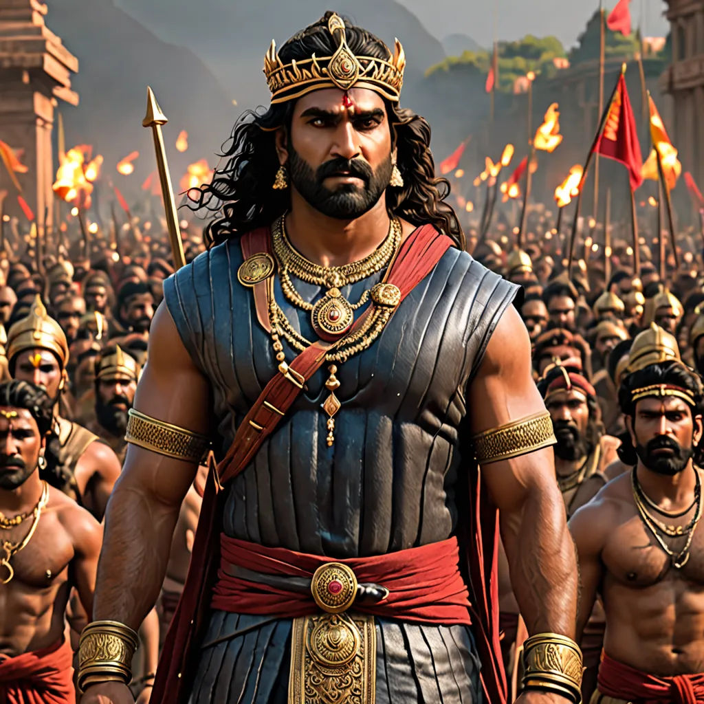 a man in a costume standing in front of a group of men in a battle scene with flags and torches, samikshavad, a detailed matte painting, Bholekar Srihari, movie still