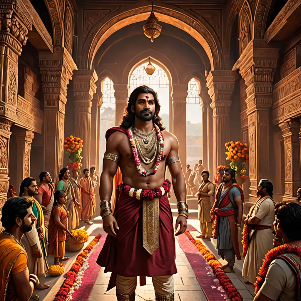 a man in a red outfit standing in a hall with other people around him and a woman in a red dress, samikshavad, a detailed matte painting, Bholekar Srihari, promotional image