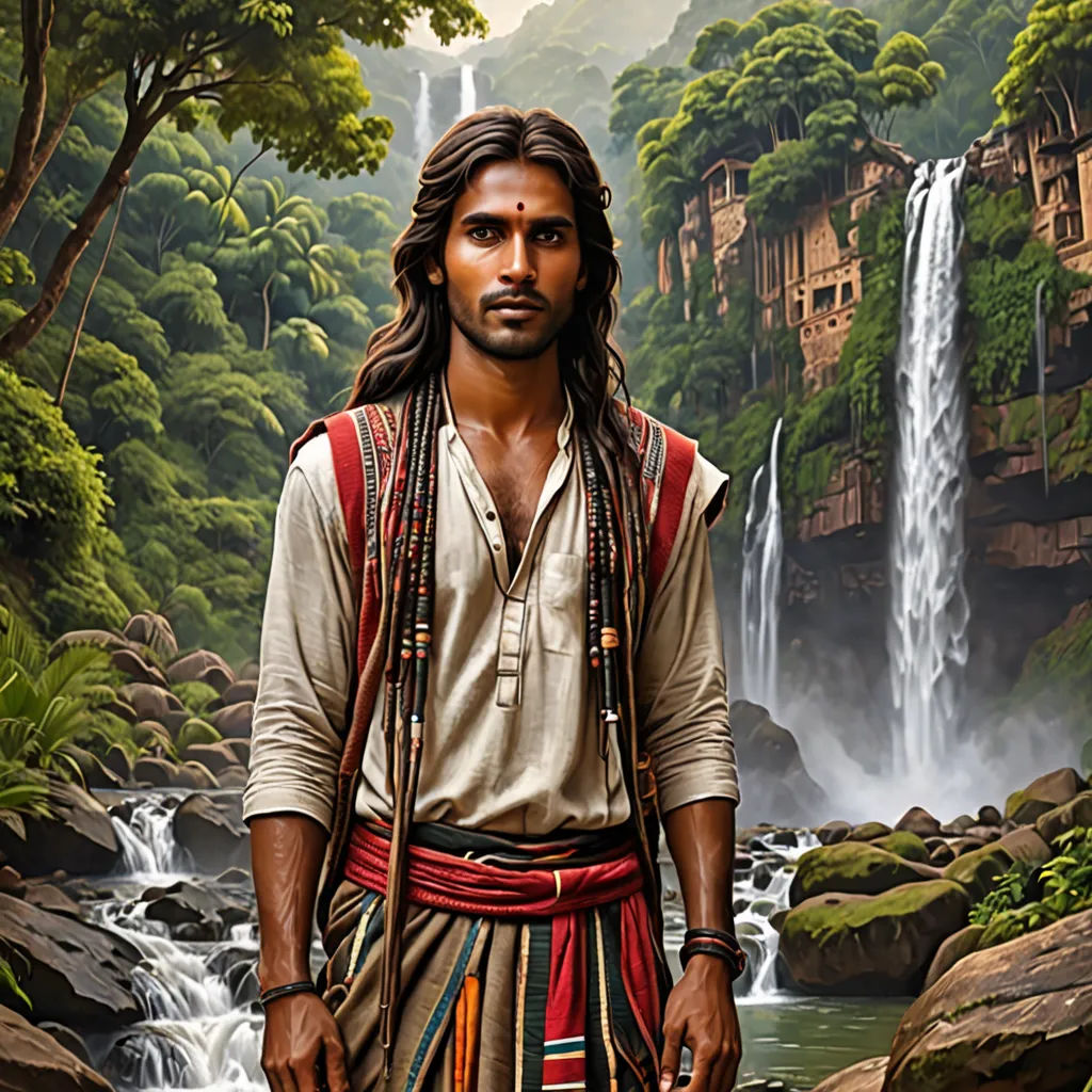 a man in a native american outfit standing in front of a waterfall and a waterfall house with a waterfall in the background, figurative art, a detailed matte painting, Anthony Devas, highly detailed digital painting