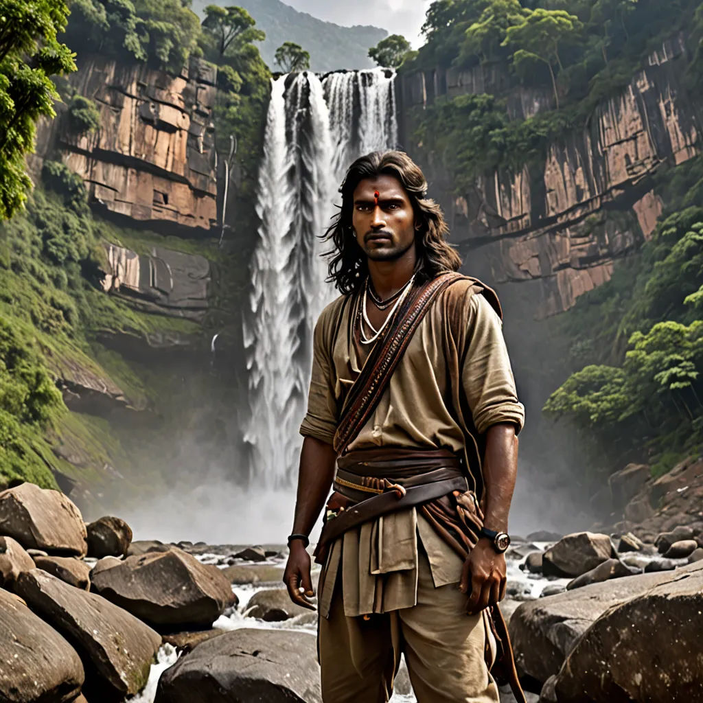 a man standing in front of a waterfall with a sword in his hand and a waterfall in the background, samikshavad, a detailed matte painting, Bholekar Srihari, promotional image