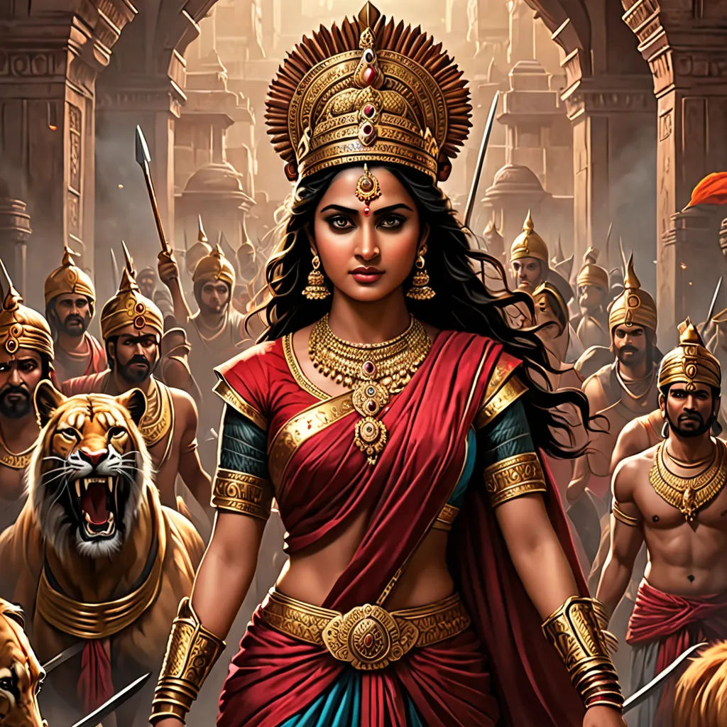 a woman in a red and blue outfit surrounded by other people and animals in a temple setting with a tiger, feminist art, poster art, Ella Guru, official art