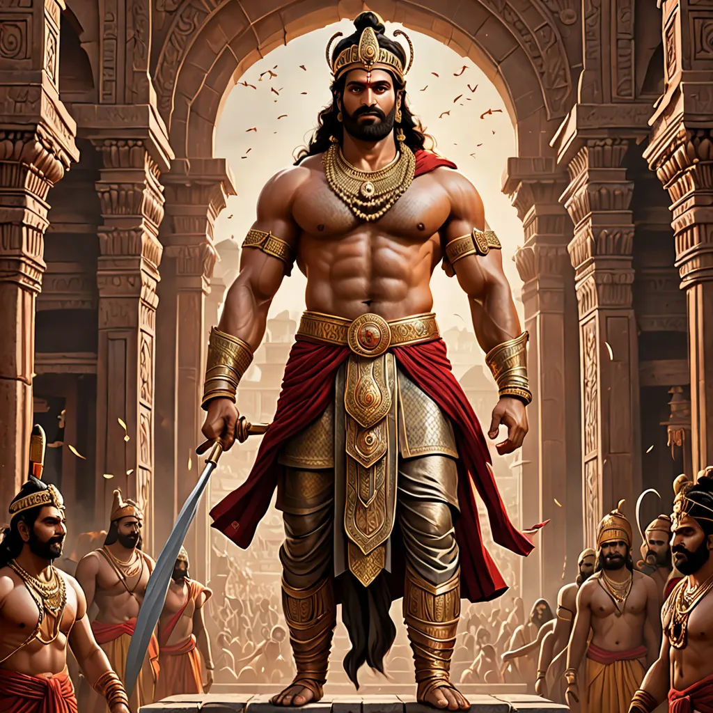 a man in a costume standing in front of a group of men with swords and armor on his shoulders, samikshavad, a detailed matte painting, Bholekar Srihari, highly detailed digital painting