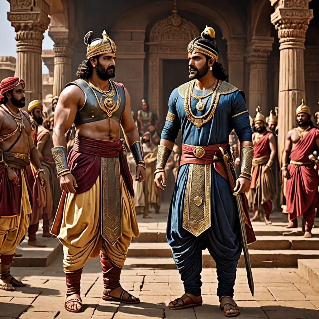 a group of men dressed in ancient costumes standing in front of a building with pillars and pillars in the background, samikshavad, a detailed matte painting, Bholekar Srihari, promotional image