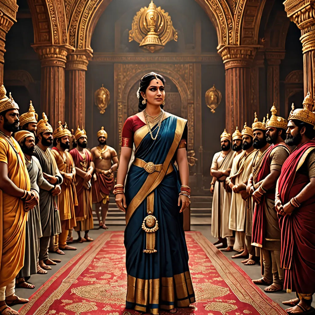 a woman in a blue and gold sari standing in front of a group of men in gold and red, samikshavad, a detailed matte painting, Ella Guru, promotional image