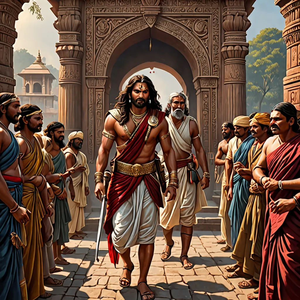 a painting of a man with a beard and a beard standing in front of a group of men in ancient clothing, samikshavad, a detailed painting, Bholekar Srihari, highly detailed digital painting