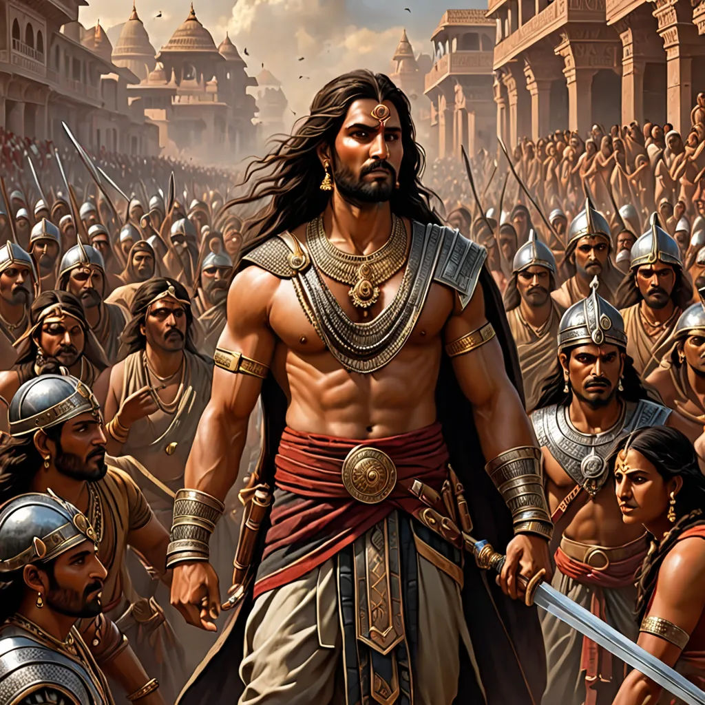 a painting of a man with a sword in front of a crowd of men in armor and helmets,, samikshavad, a detailed matte painting, Alex Horley, epic fantasy character art