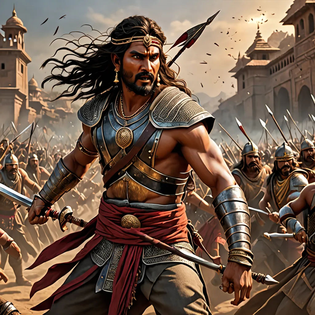 a man in a warrior outfit holding a sword and a sword in his hand with a group of men in the background, samikshavad, a detailed matte painting, Altoon Sultan, magic the gathering artwork