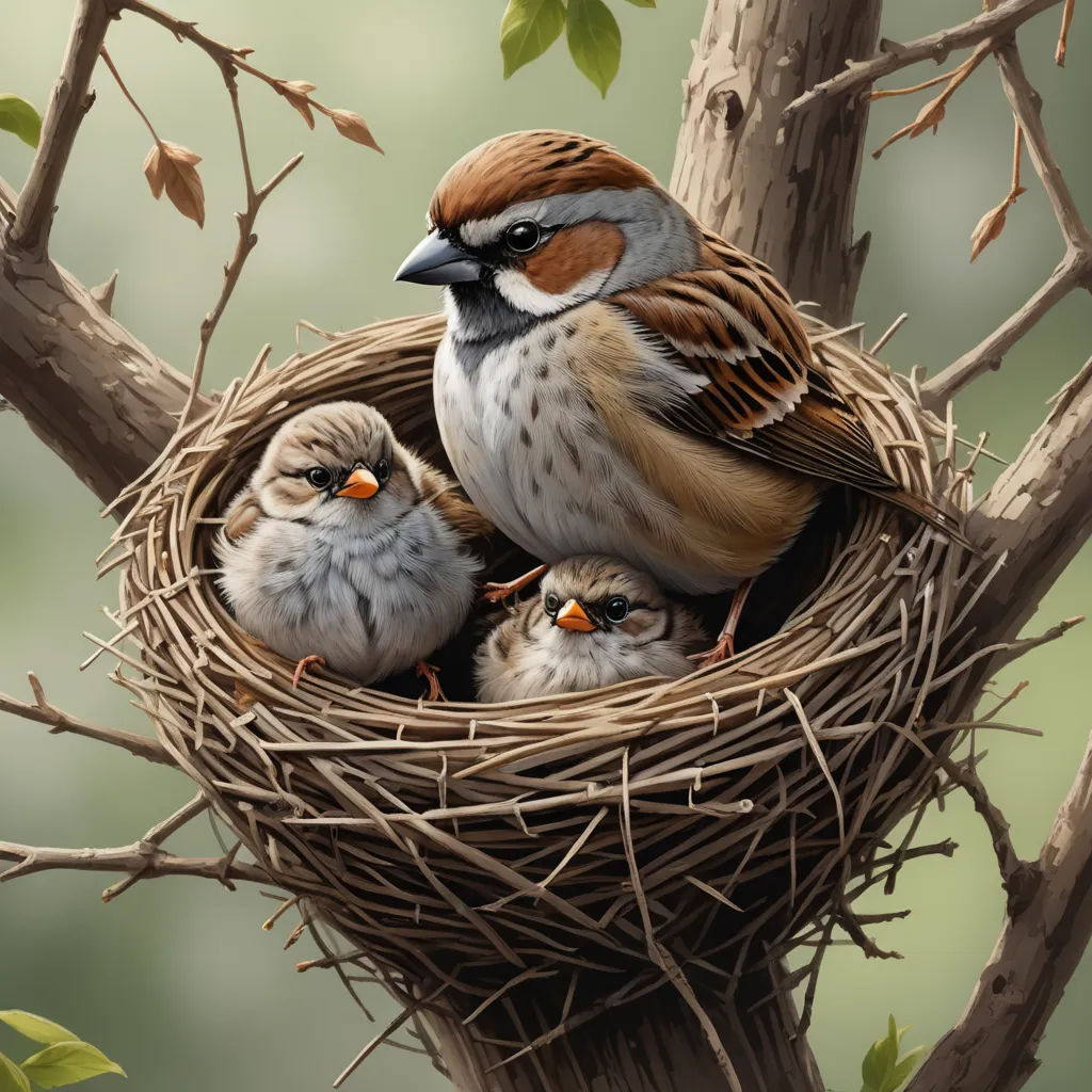 a bird nest with three baby birds in it's nest on a tree branch with leaves and branches, photorealism, a digital painting, Art Brenner, highly detailed digital painting