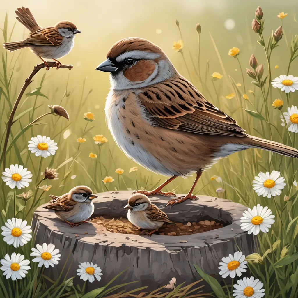 a painting of two birds sitting on a stump in a field of daisies and daisies with a bird feeder in the foreground, fantasy art, a digital painting, Chris LaBrooy, birds