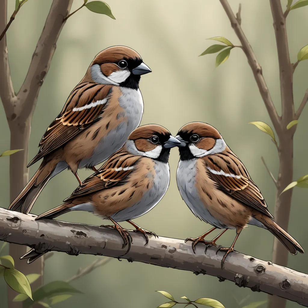 two birds sitting on a branch with leaves in the background and a painting of two birds in the background, digital art, a digital painting, Bálint Kiss, birds