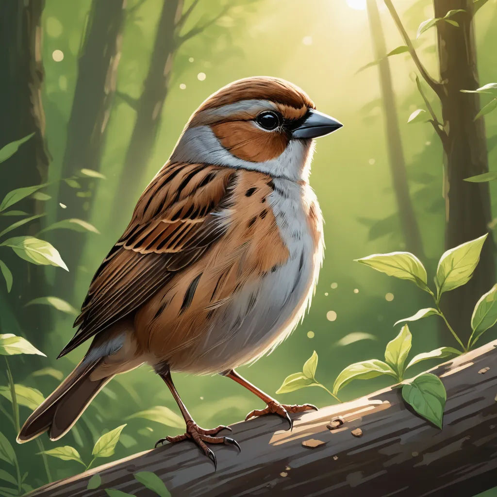 a bird sitting on a branch in a forest with green leaves and sunlight shining through the trees behind it, altermodern, a digital painting, Dan Mumford, birds