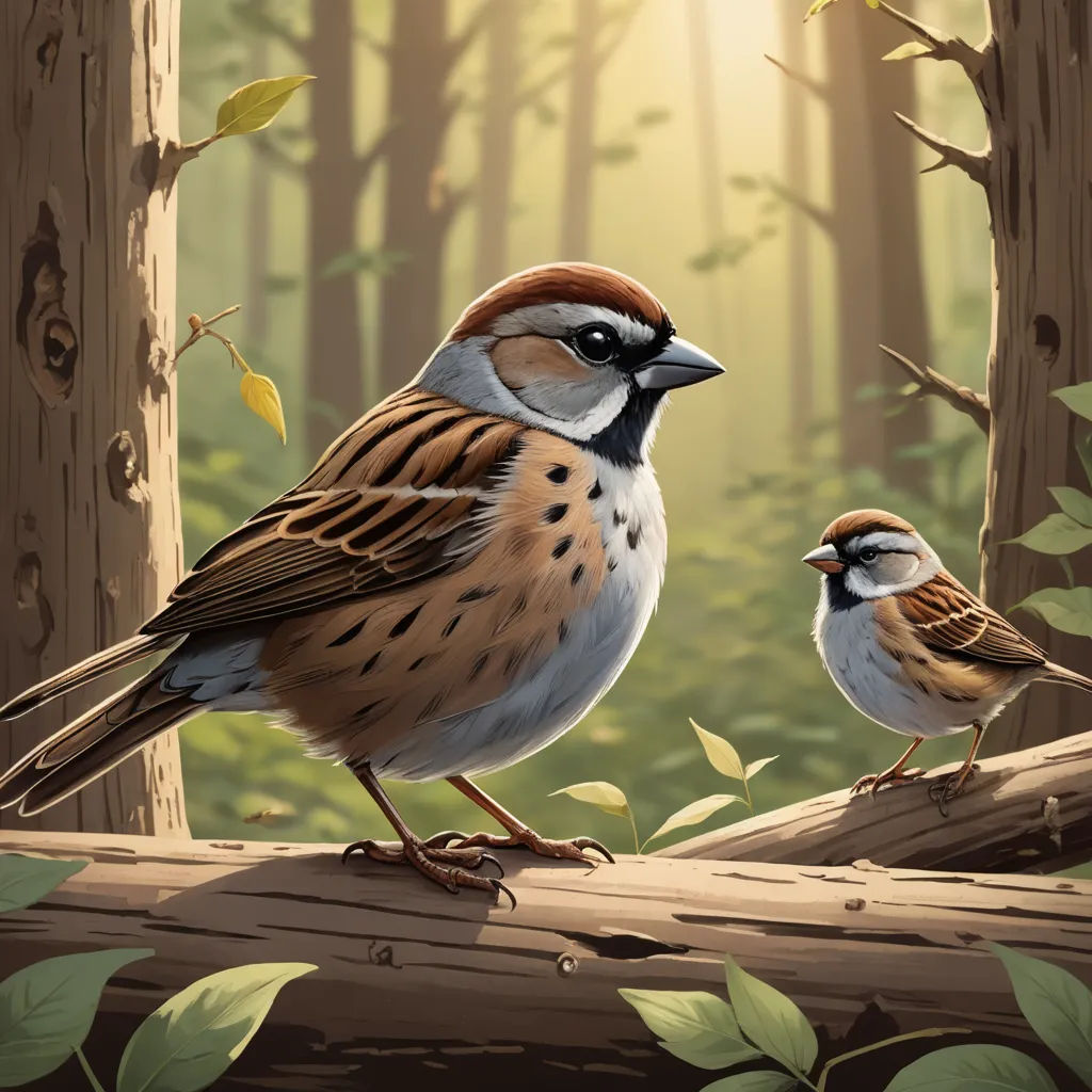 two birds sitting on a log in a forest with leaves on the ground and a sun shining through the trees, american scene painting, a storybook illustration, Dan Mumford, birds