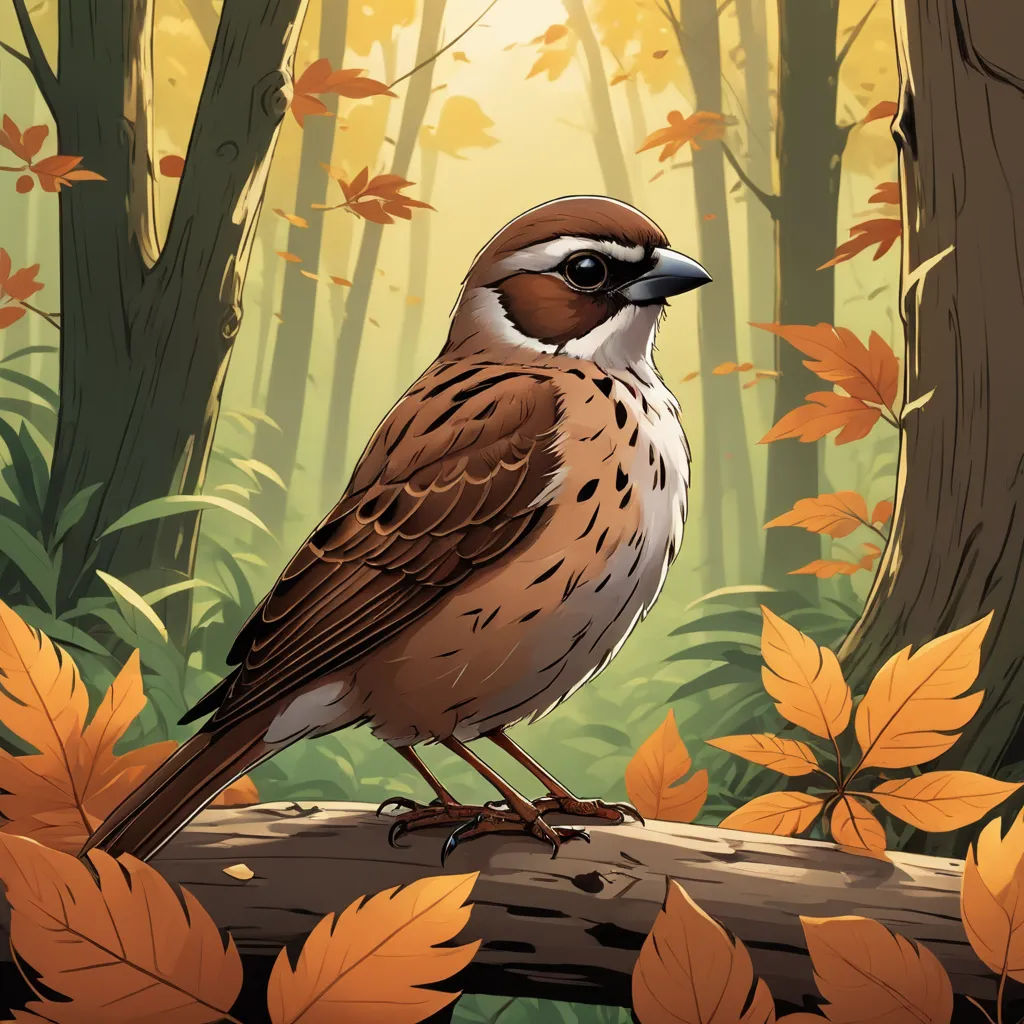 a bird sitting on a log in a forest with leaves on the ground and a sunbeam in the background, fantasy art, a storybook illustration, Dan Mumford, birds